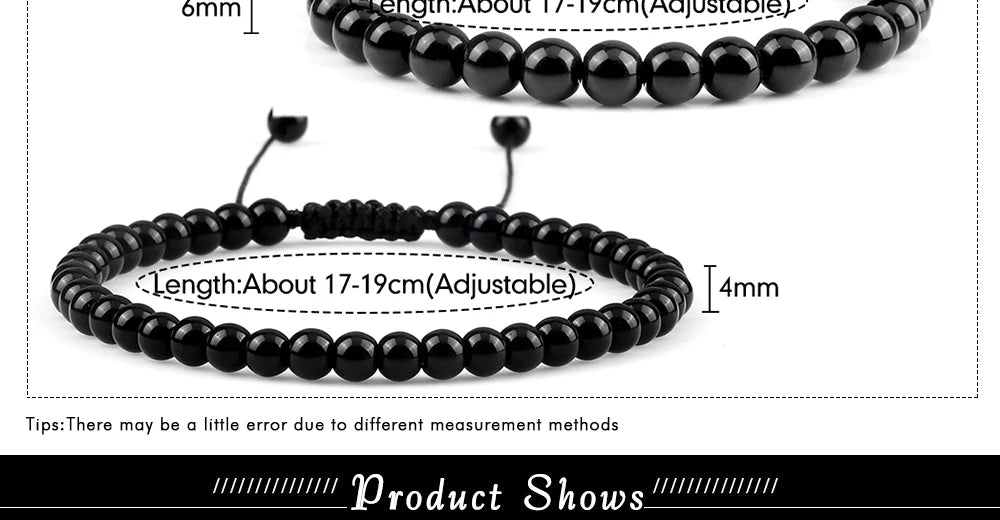 Beaded Bracelet Handmade 4 6 8mm Natural Stone Shiny Black Onyx Beads Bracelets & Bangles Adjustable Size Obsidian Wrist Jewelry