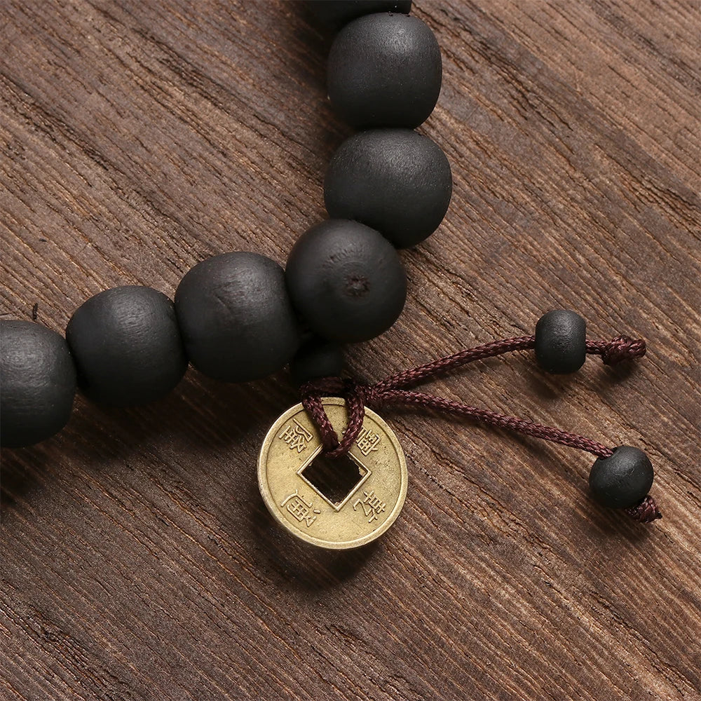 1Pc Wood Bead New Buddha Bracelet Buddhist Bangle Prayer Beads Copper Coin Women Men Lucky Religion Bracelets Charm Jewelry