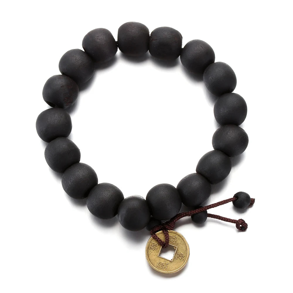 1Pc Wood Bead New Buddha Bracelet Buddhist Bangle Prayer Beads Copper Coin Women Men Lucky Religion Bracelets Charm Jewelry