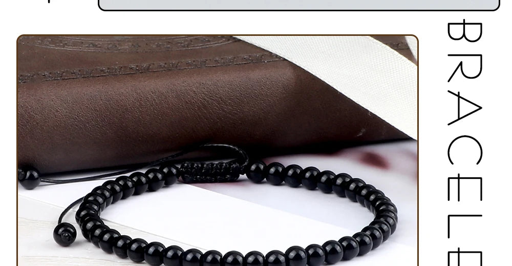 Beaded Bracelet Handmade 4 6 8mm Natural Stone Shiny Black Onyx Beads Bracelets & Bangles Adjustable Size Obsidian Wrist Jewelry