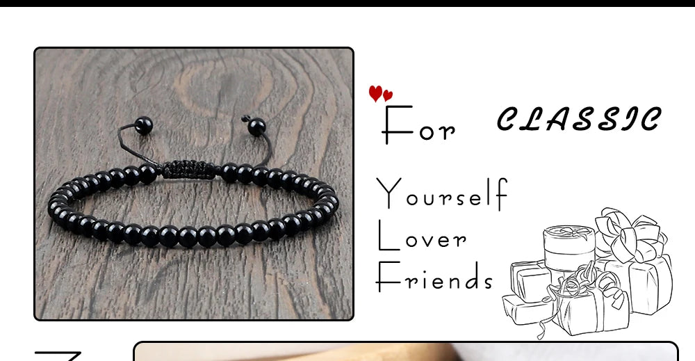 Beaded Bracelet Handmade 4 6 8mm Natural Stone Shiny Black Onyx Beads Bracelets & Bangles Adjustable Size Obsidian Wrist Jewelry