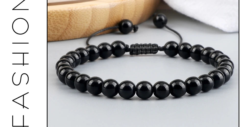 Beaded Bracelet Handmade 4 6 8mm Natural Stone Shiny Black Onyx Beads Bracelets & Bangles Adjustable Size Obsidian Wrist Jewelry