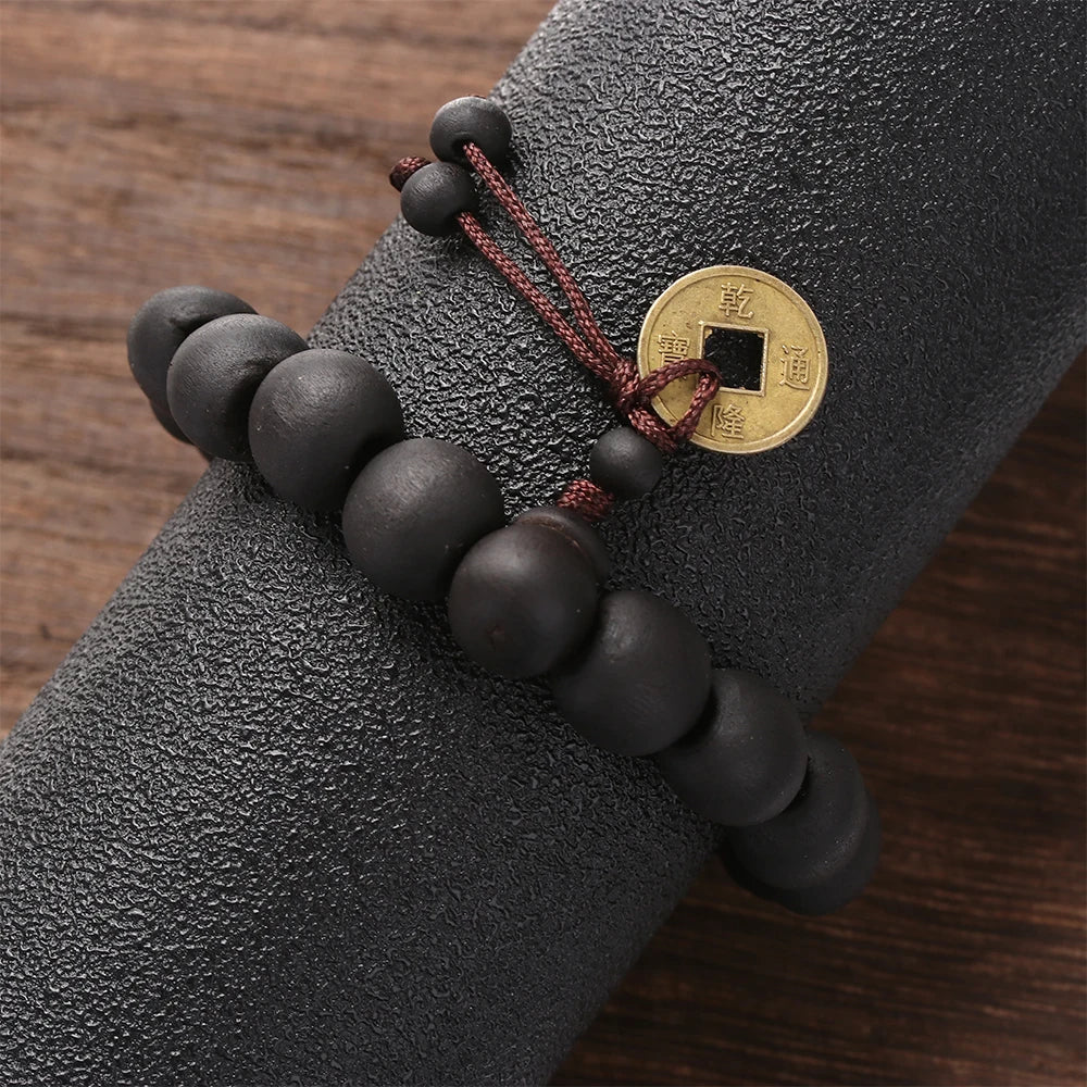 1Pc Wood Bead New Buddha Bracelet Buddhist Bangle Prayer Beads Copper Coin Women Men Lucky Religion Bracelets Charm Jewelry