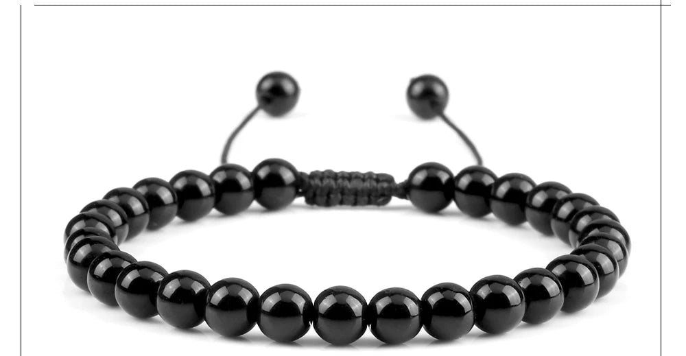 Beaded Bracelet Handmade 4 6 8mm Natural Stone Shiny Black Onyx Beads Bracelets & Bangles Adjustable Size Obsidian Wrist Jewelry