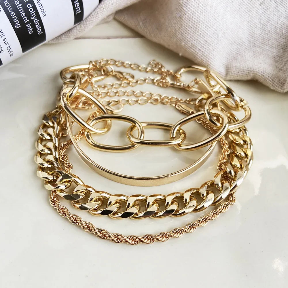 Bohemian Metal Chain Bracelet Set For Women Geometric Gold Color Thick Link Chain Open Bangle Female Fashion Jewelry