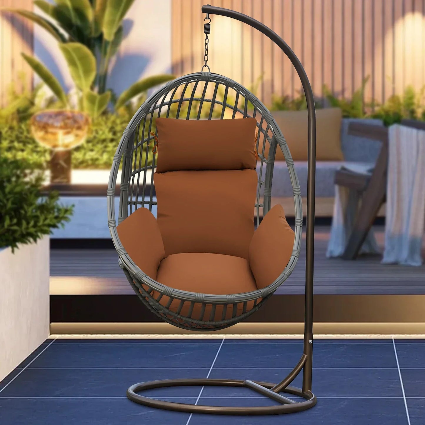 Coffee Colored Single Swing Hanging Basket Cushion, Integrated Breathable Fluffy Cushion with Head Pillow for Chairs or Floors