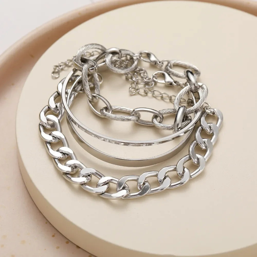 Bohemian Metal Chain Bracelet Set For Women Geometric Gold Color Thick Link Chain Open Bangle Female Fashion Jewelry