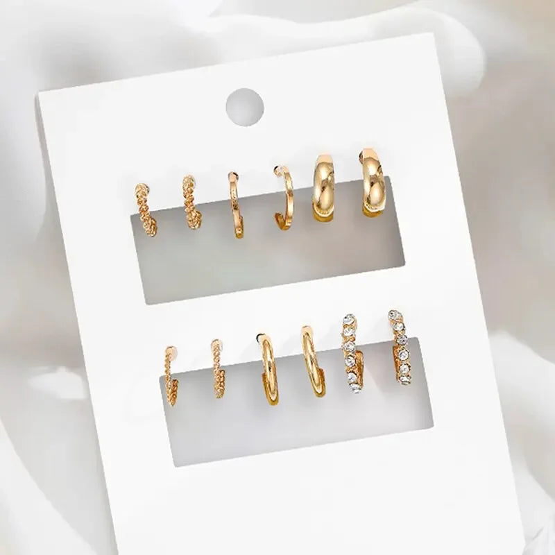 Gold Color Vintage Circle Hoop Earrings for Women Simple Fashion Geometric Zircon Earring Set New Trendy Jewelry Party Gifts