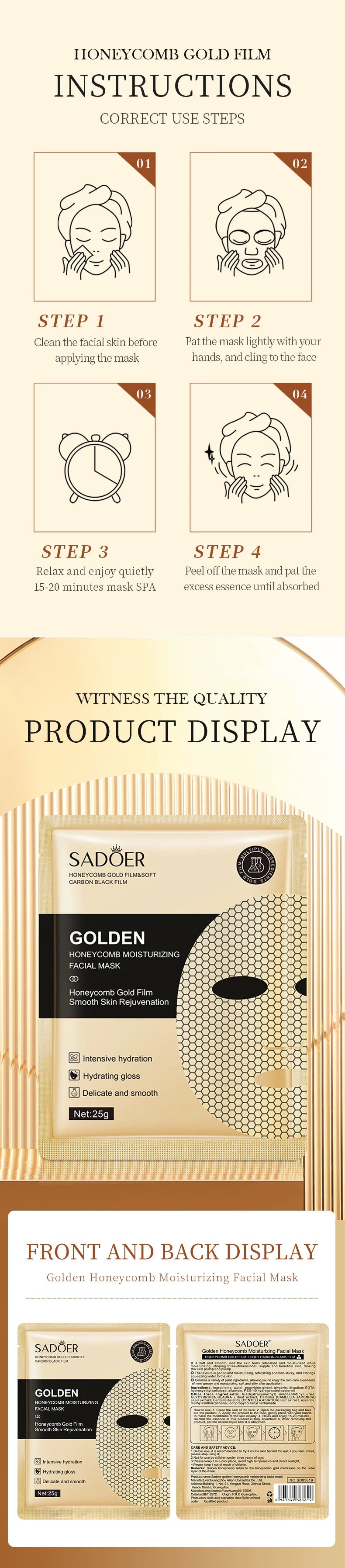 10pcs SADOER 24K Gold Moisturizing Facial Masks skincare Firming Nourishing Smooth Skin Rejuvenation Face Mask Sheets Mask
