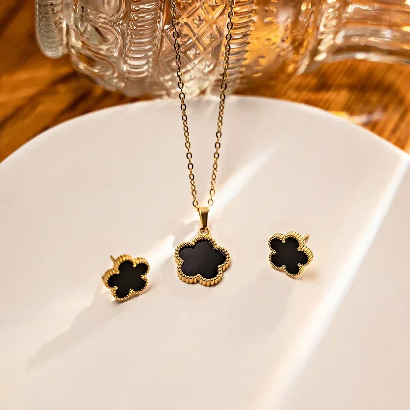 Fashionable Four-piece Set Jewelry for Woman Lucky Five-petal Flower Clover Earrings Necklace Ring Bracelet Accessories Party