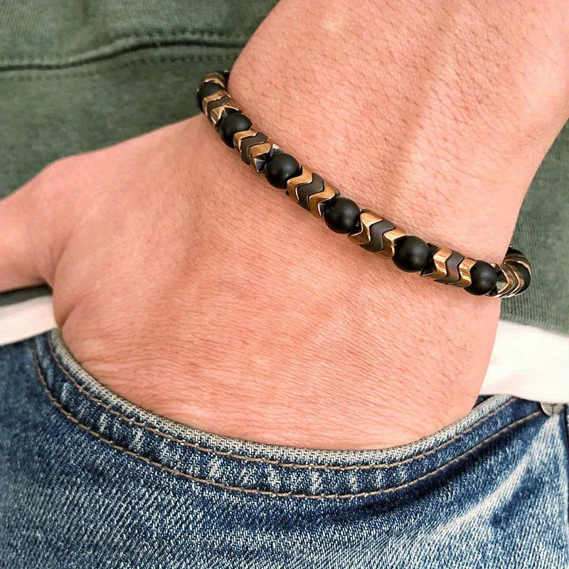 Men's Black Hematite Beaded Stretch Bracelet