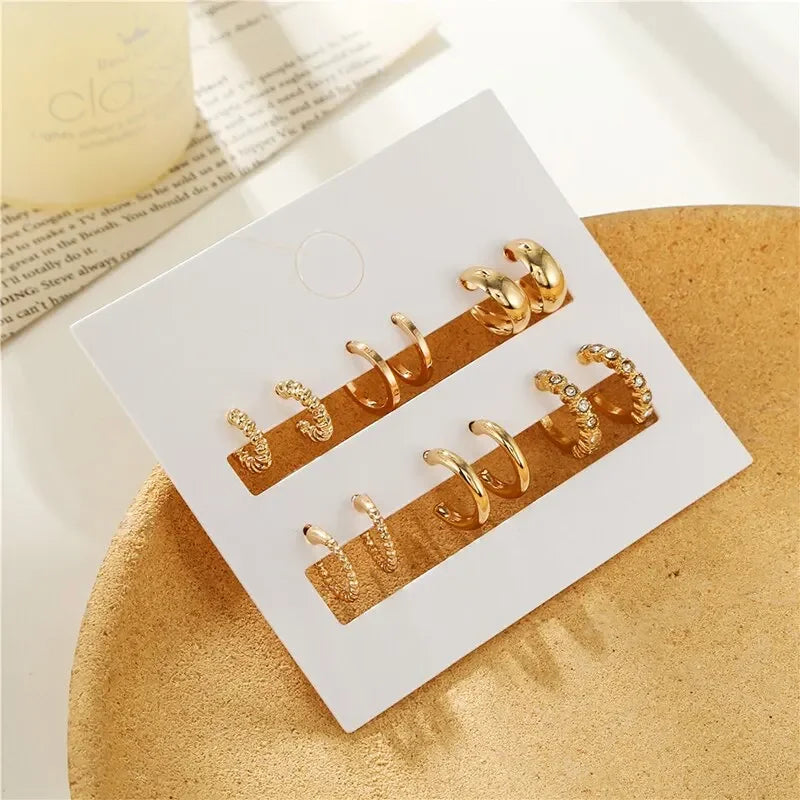 Gold Color Vintage Circle Hoop Earrings for Women Simple Fashion Geometric Zircon Earring Set New Trendy Jewelry Party Gifts