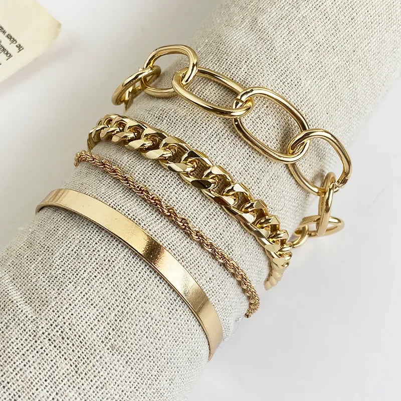 Bohemian Metal Chain Bracelet Set For Women Geometric Gold Color Thick Link Chain Open Bangle Female Fashion Jewelry