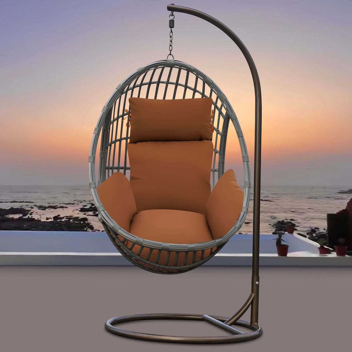 Coffee Colored Single Swing Hanging Basket Cushion, Integrated Breathable Fluffy Cushion with Head Pillow for Chairs or Floors