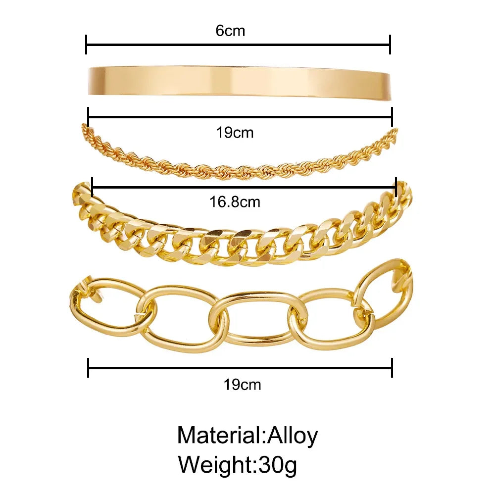 Bohemian Metal Chain Bracelet Set For Women Geometric Gold Color Thick Link Chain Open Bangle Female Fashion Jewelry