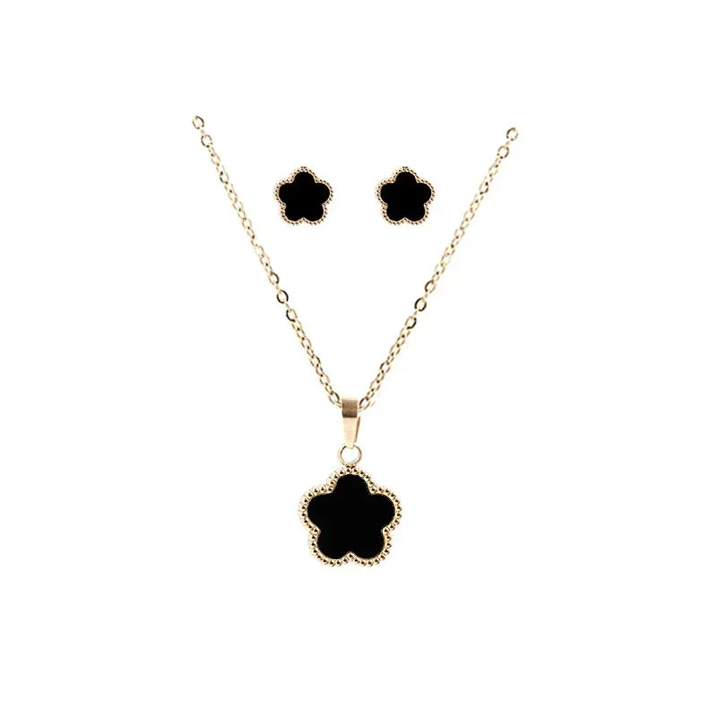 Fashionable Four-piece Set Jewelry for Woman Lucky Five-petal Flower Clover Earrings Necklace Ring Bracelet Accessories Party