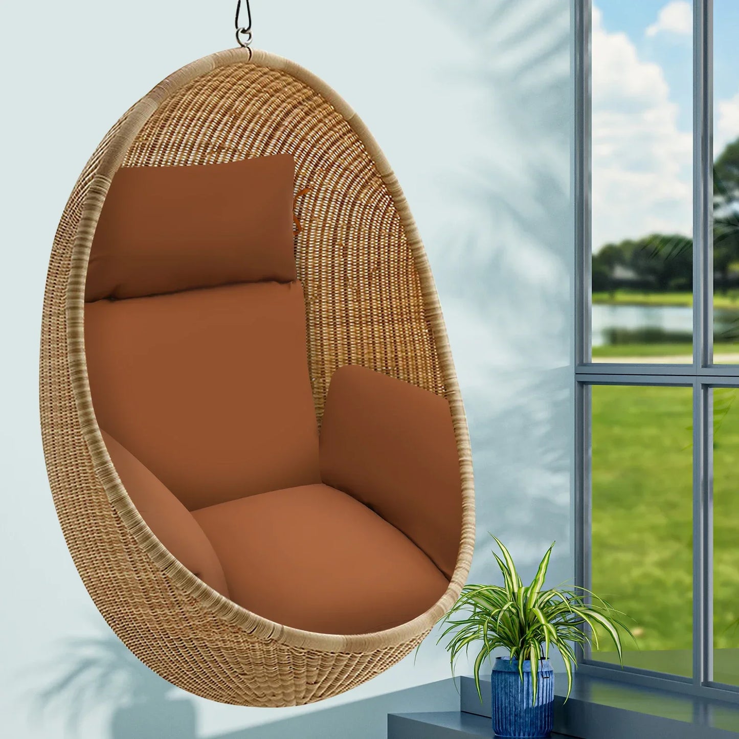 Coffee Colored Single Swing Hanging Basket Cushion, Integrated Breathable Fluffy Cushion with Head Pillow for Chairs or Floors