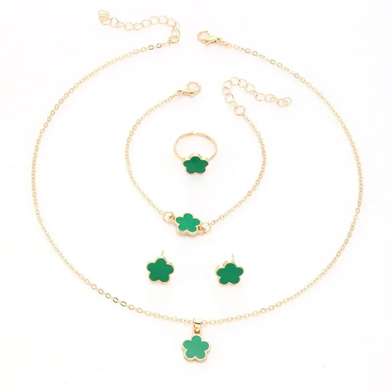Fashionable Four-piece Set Jewelry for Woman Lucky Five-petal Flower Clover Earrings Necklace Ring Bracelet Accessories Party