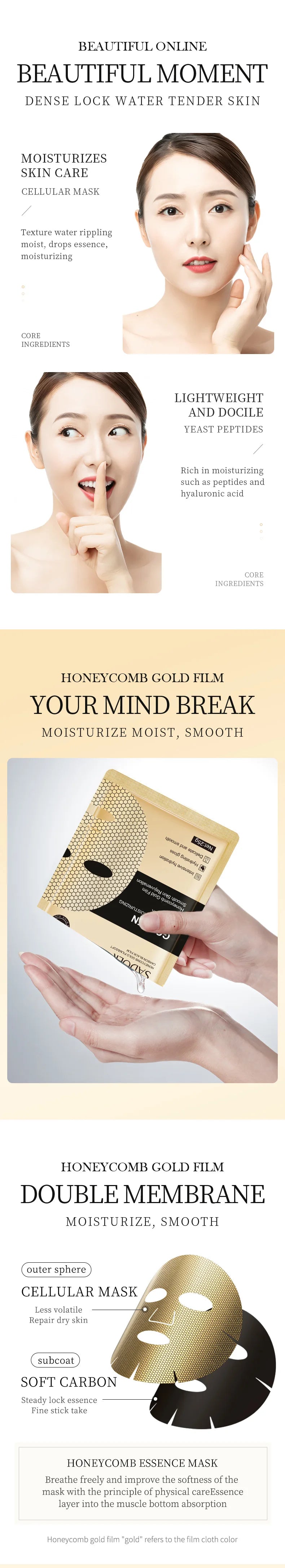 10pcs SADOER 24K Gold Moisturizing Facial Masks skincare Firming Nourishing Smooth Skin Rejuvenation Face Mask Sheets Mask