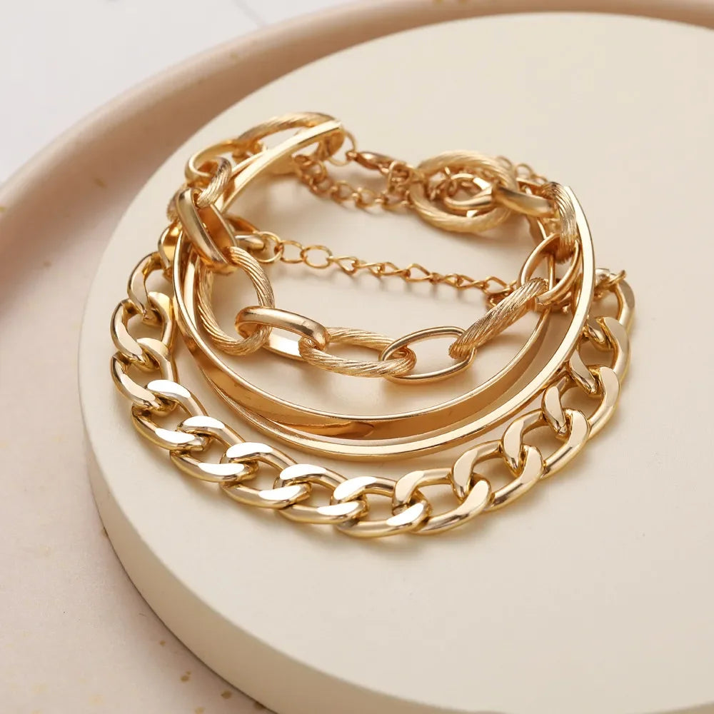 Bohemian Metal Chain Bracelet Set For Women Geometric Gold Color Thick Link Chain Open Bangle Female Fashion Jewelry