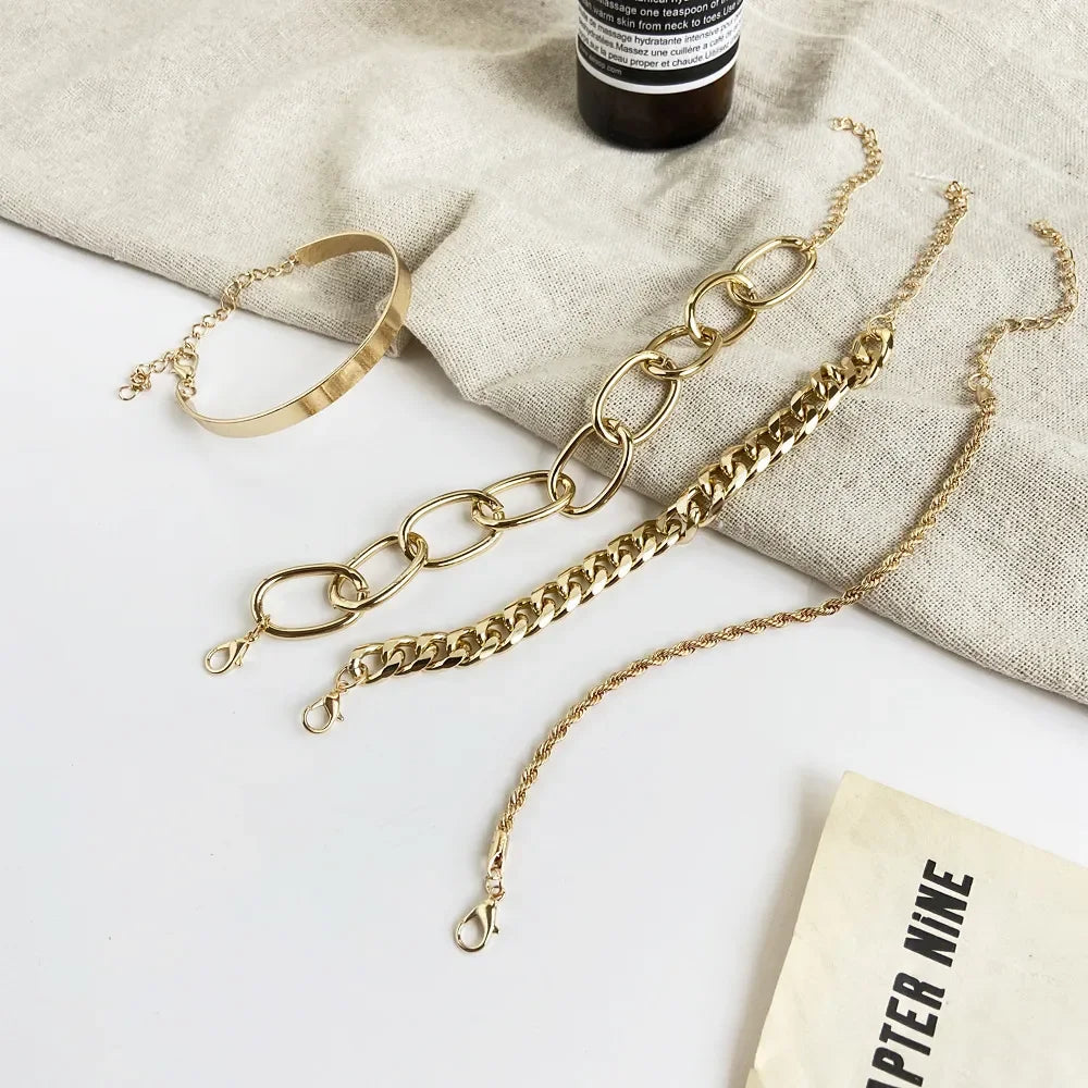 Bohemian Metal Chain Bracelet Set For Women Geometric Gold Color Thick Link Chain Open Bangle Female Fashion Jewelry