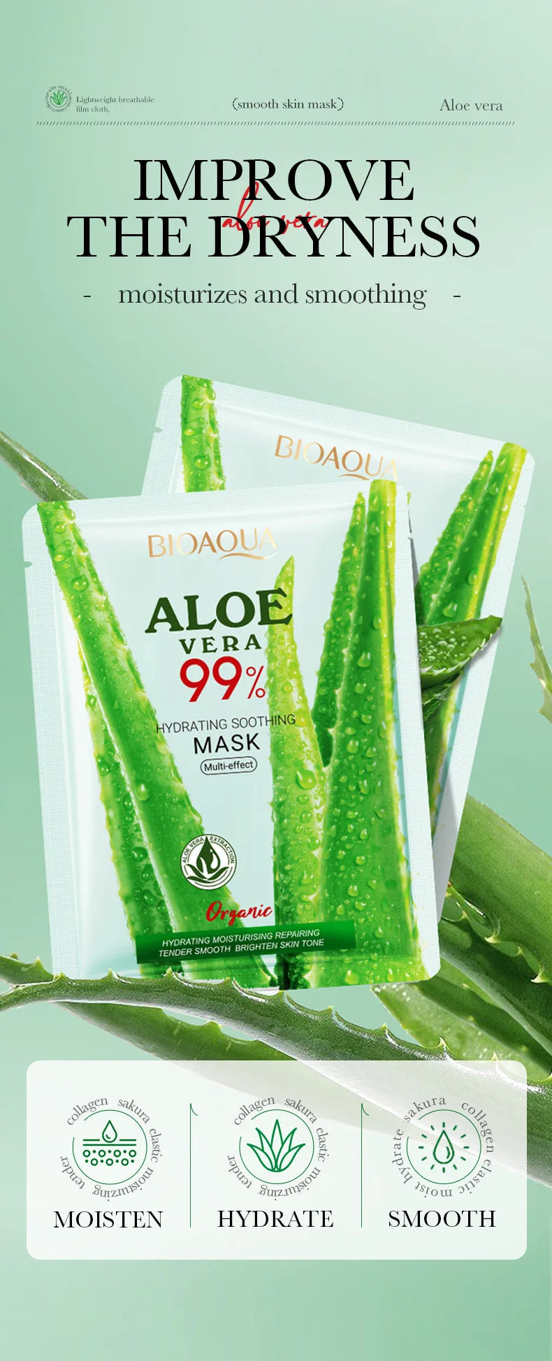 1 Piece BIOAOUA Aloe Hydrating Soothing Facial Mask Moisturizing Preventing Roughness and Dryness Face Mask Sheet Skin Care