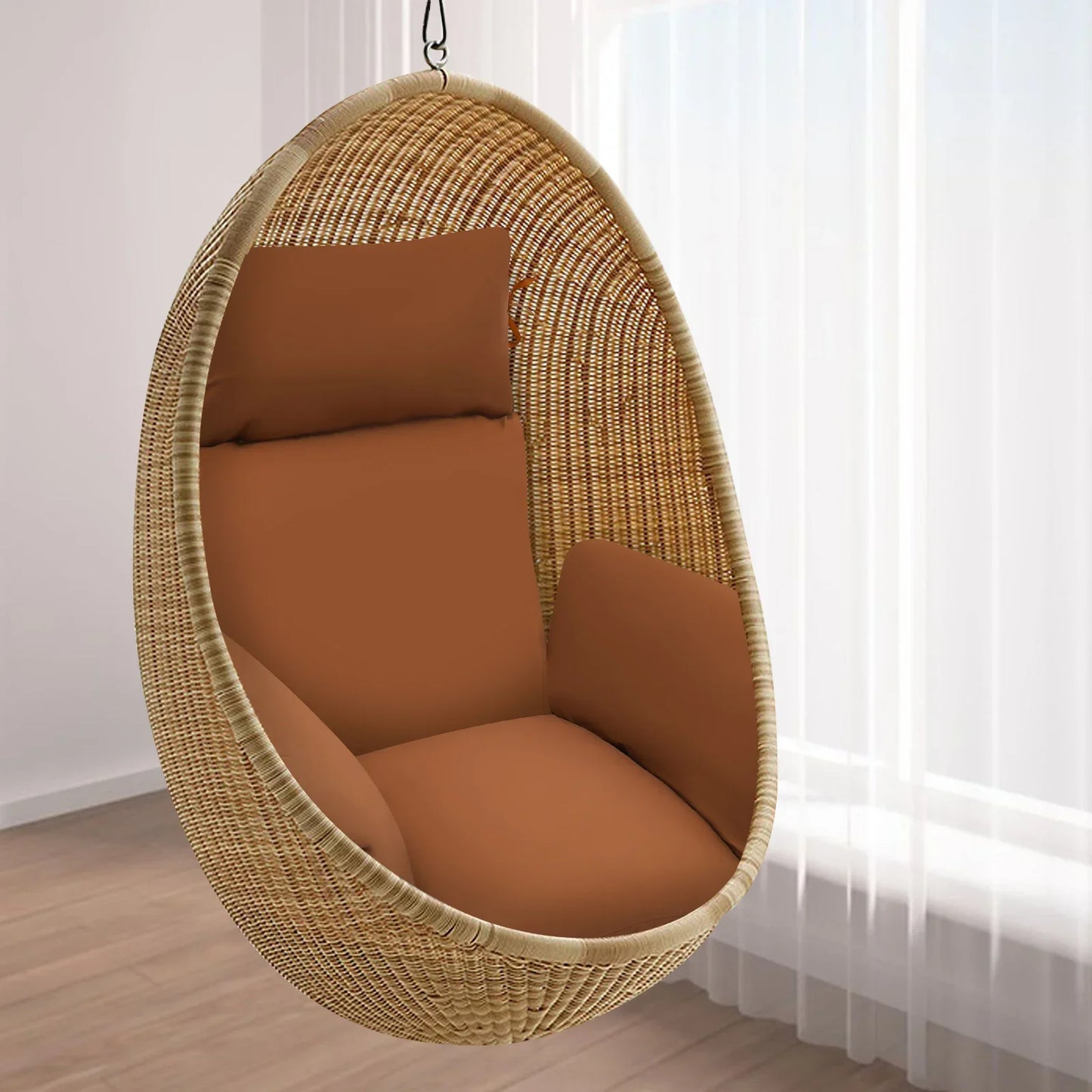 Coffee Colored Single Swing Hanging Basket Cushion, Integrated Breathable Fluffy Cushion with Head Pillow for Chairs or Floors
