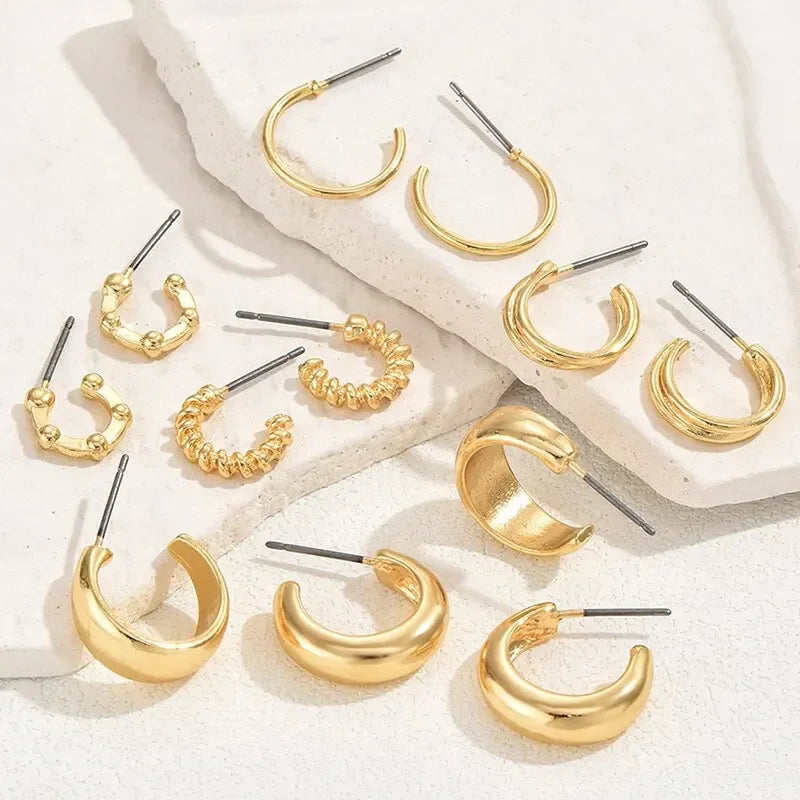 Gold Color Vintage Circle Hoop Earrings for Women Simple Fashion Geometric Zircon Earring Set New Trendy Jewelry Party Gifts