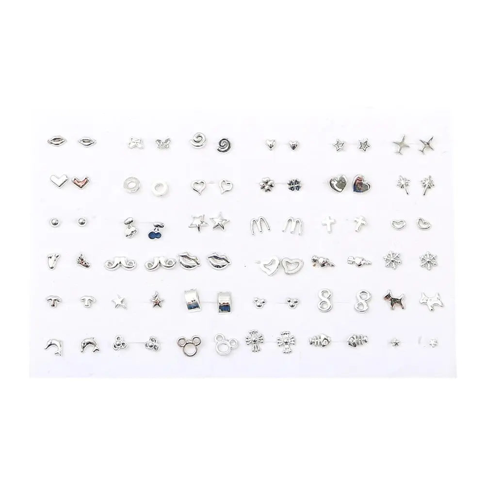 36 Pairs Randomly Mixed Silver Color Women Butterfly Bowknot Flower Heart Small Plastic Stud Earrings