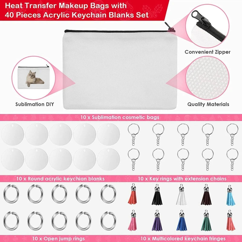 10Pcs Cosmetic Bag Set Heat Transfer Canvas Case Zipper for Makeup