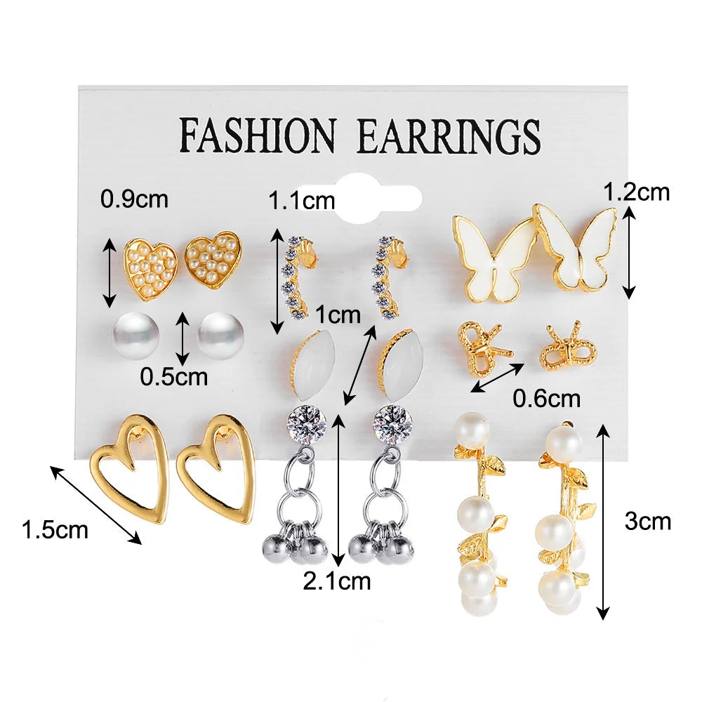 9Pairs/Set Crystal Heart Leaves Stud Earrings For Women