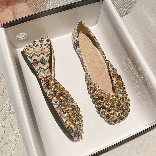 New Women's Flat Shoes Rhinestones Luxury Square
