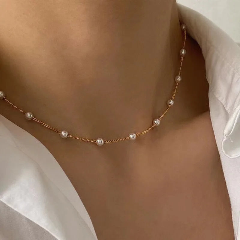 Beads Women's Neck Chain K-pop Pearl Choker Necklace