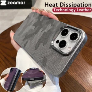 Military Camouflage Pattern Leather Heat Dissipation Case For iPhone 16 15 14 13 12 11 Pro Max Army Camo Cool Lens Protect Cover